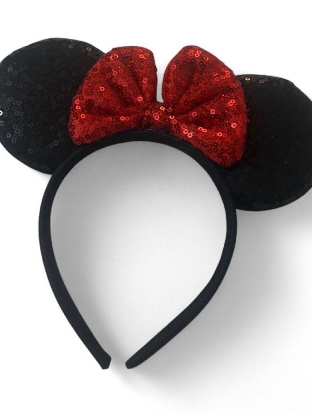 Sequin Minnie Mouse Ear Headband with Red Bow